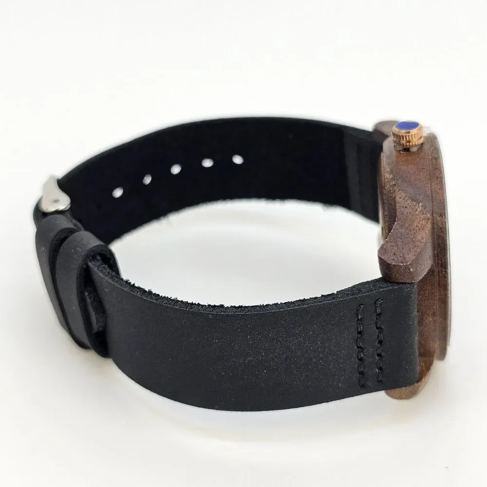 VICVS‎ Men's Wood Watch 40MM Black Dial Black Leather Bands New Battery